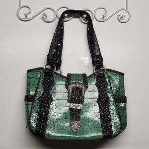 P & G large green/black faux leather jewel studded Western bag. Country class!